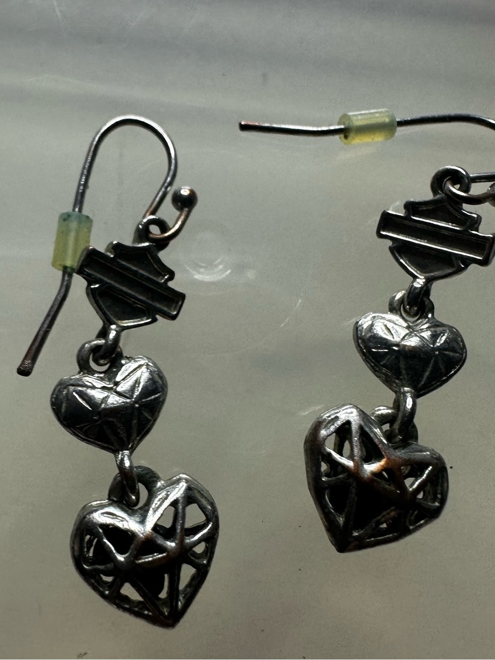 Harley-Davidson Silver Double Heart Dangle Earrings